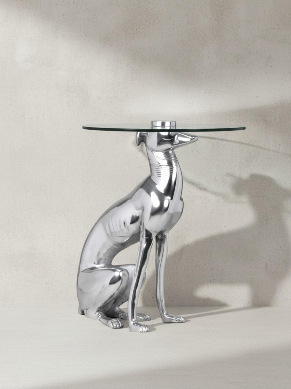 BEISTELLTISCH – Aluminium Glas Silber Skulptur Windhund 55x40 cm handgefertigt - Silberfarben, Glas/Metall (40/40/50cm) - KADIMA DESIGN
