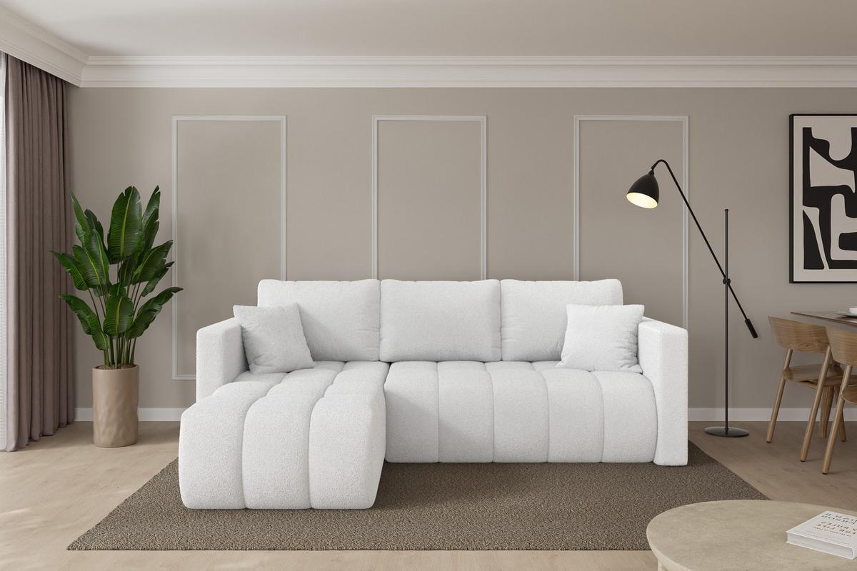 ECKSOFA mit Schlaffunktion Ottomane Links GARD-L 226x146x85 Weiß Bouclé - Schwarz/Weiß, Holzwerkstoff/Kunststoff (226/146cm) - ALTDECOR