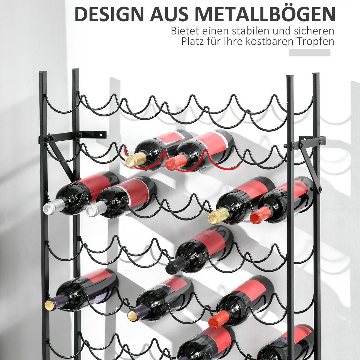 WEINREGAL Weinständer Flaschenregal 60 Flaschen Wandbefestigung Metall Schwarz - Schwarz, Metall (205/118/63cm) - HOMCOM