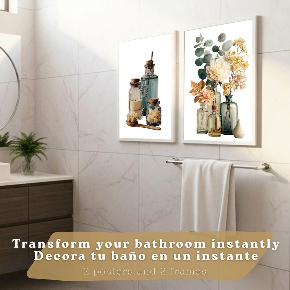 POSTER 2er-Set dekorative Badezimmer-Poster, minimalistische Wandbilder für Waschbecken, moderne Dekoration mit Blumen und Flaschen Weißer Rahmen A3 - Weiß, Papier (42/29.7/3cm) - Nacnic