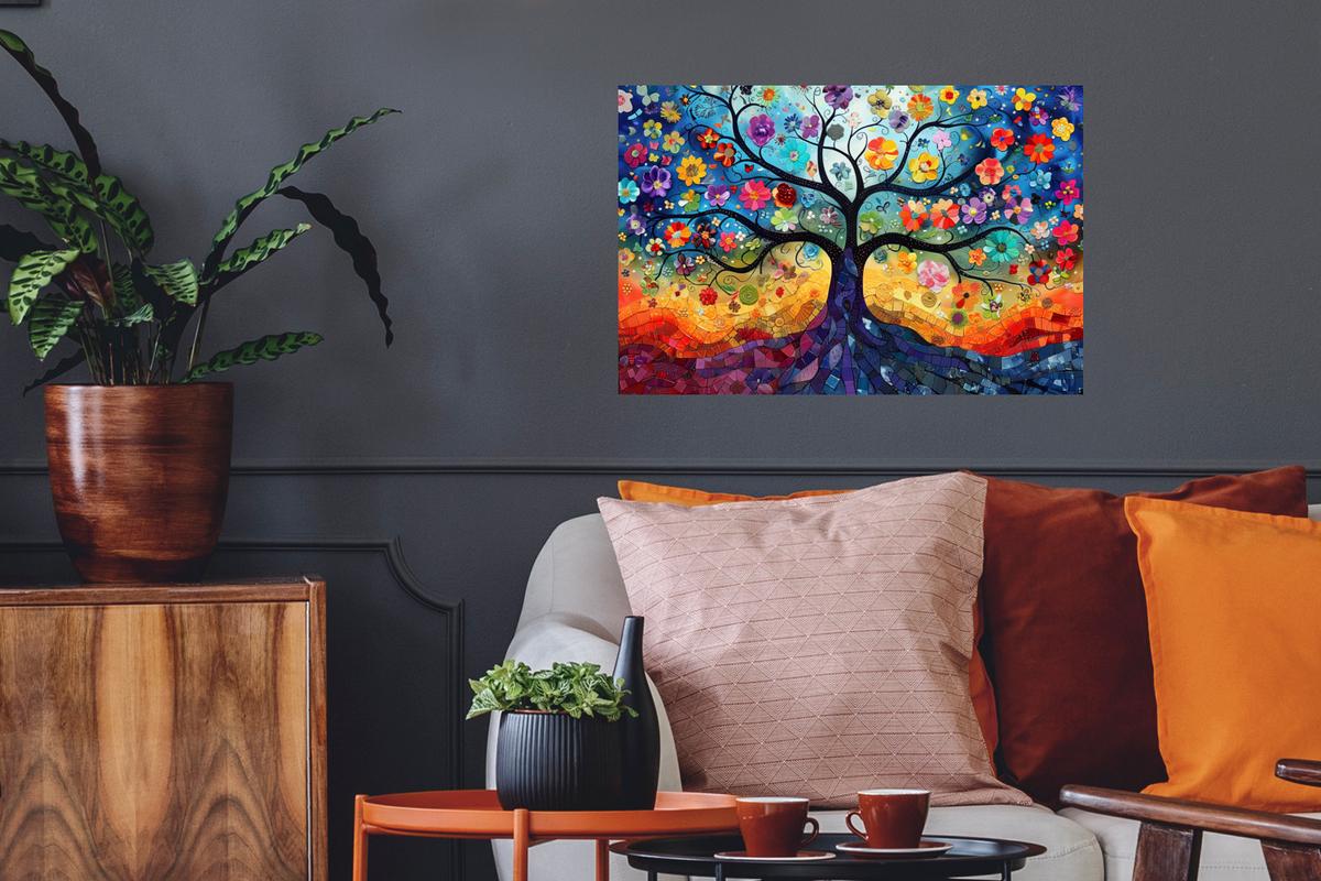 WANDTATTOO Kunst - Baum des Lebens - Blumen - Hippie Deko Wohnzimmer 60x40 cm - Dunkelblau, Kunststoff (60/40/0.1cm) - MuchoWow