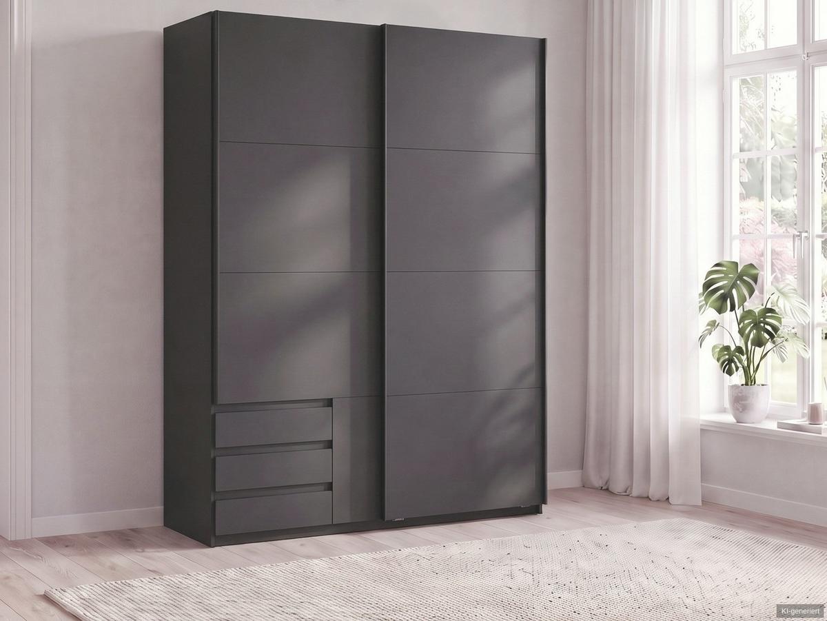 SCHWEBETÜRENSCHRANK 2-türig B135/H198/T65 cm, Kleiderschrank in Grafit mit sichtbaren Schubkästen / 22665 - Schwarz/Graphitfarben, Holz/Holzwerkstoff (135/198/65cm) - luma-home