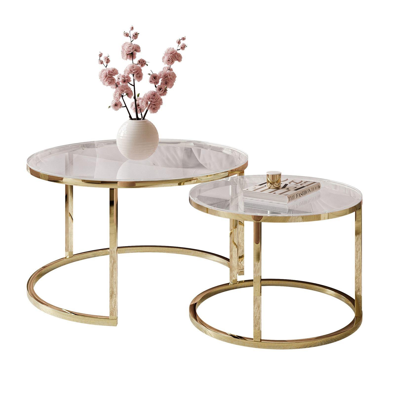 COUCHTISCH CIRI GLASS 2-in-1 CHROME gold - Transparent/Goldfarben, Glas (70/70/47cm) - Lookway