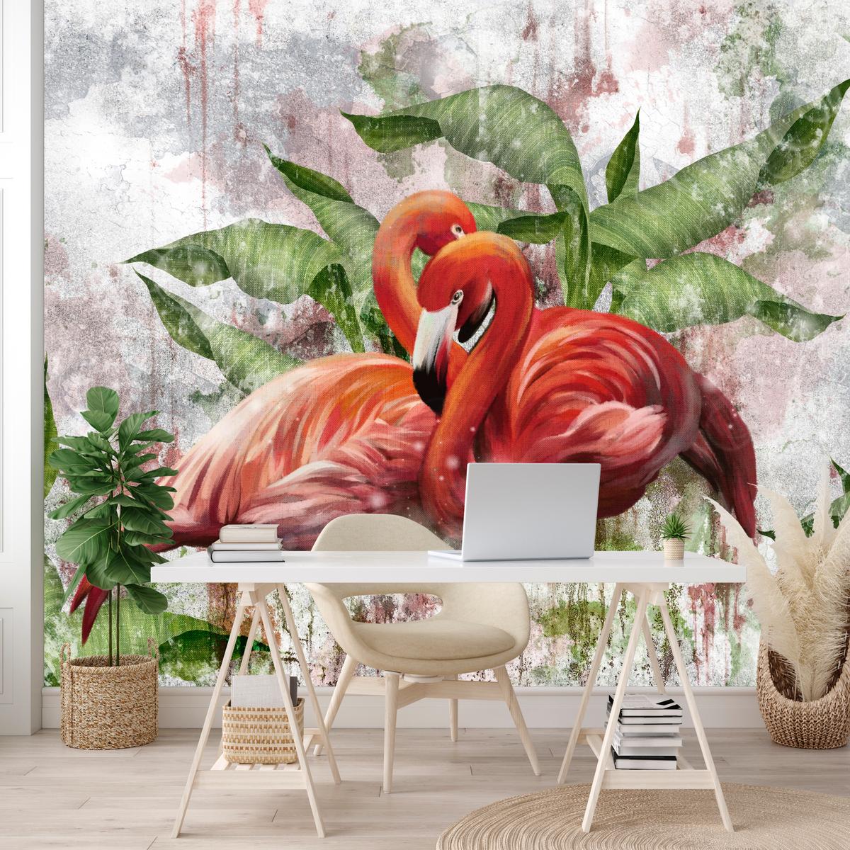 FOTOTAPETE für Schlafzimmer Abstrakte Flamingos Beton Tropische Blätter Palmen Natur 500x350 - Multicolor, Papier (500/350cm) - Muralo