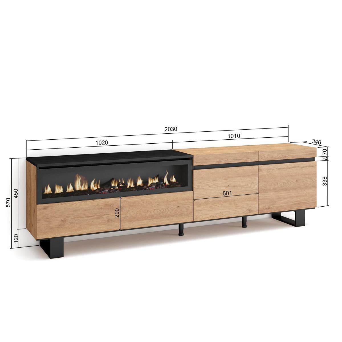 LOWBOARD mit Elektrokamin, Eiche, Schwarz, 200/35/57cm - Eichefarben/Naturfarben, Holzwerkstoff (200/57/35cm) - Skraut Home