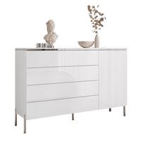 KOMMODE AURORA SILVER 4S1D mit Schubladen – mit geraden verchromten Beinen - Weiß Hochglanz, Holzwerkstoff (140/94.5/40cm) - Lookway