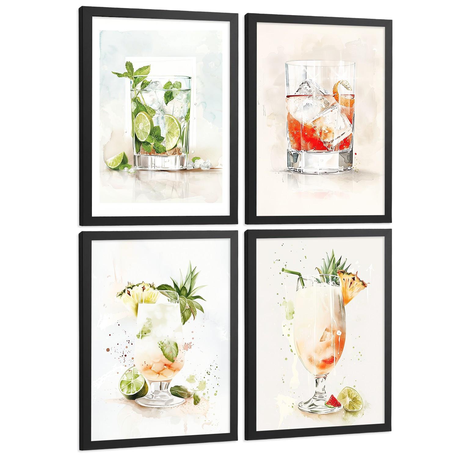 POSTER 4er Set Cocktails und Wein Wandbilder Bunte Gläser Negroni Tropical Aquarell Bar Küche Deko Schwarzer Rahmen A4 - Schwarz, Papier (29.7/1/21cm) - Nacnic