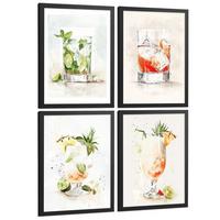 POSTER 4er Set Cocktails und Wein Wandbilder Bunte Gläser Negroni Tropical Aquarell Bar Küche Deko Schwarzer Rahmen A4 - Schwarz, Papier (29.7/1/21cm) - Nacnic