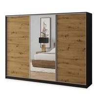 SCHWEBETÜRENSCHRANK SORE 250/205/58 cm 3-türig mit Spiegel und Schubladen Schwarz / Eiche Artisan - Silberfarben/Schwarz, Holzwerkstoff (250/205/58cm) - MASSENO