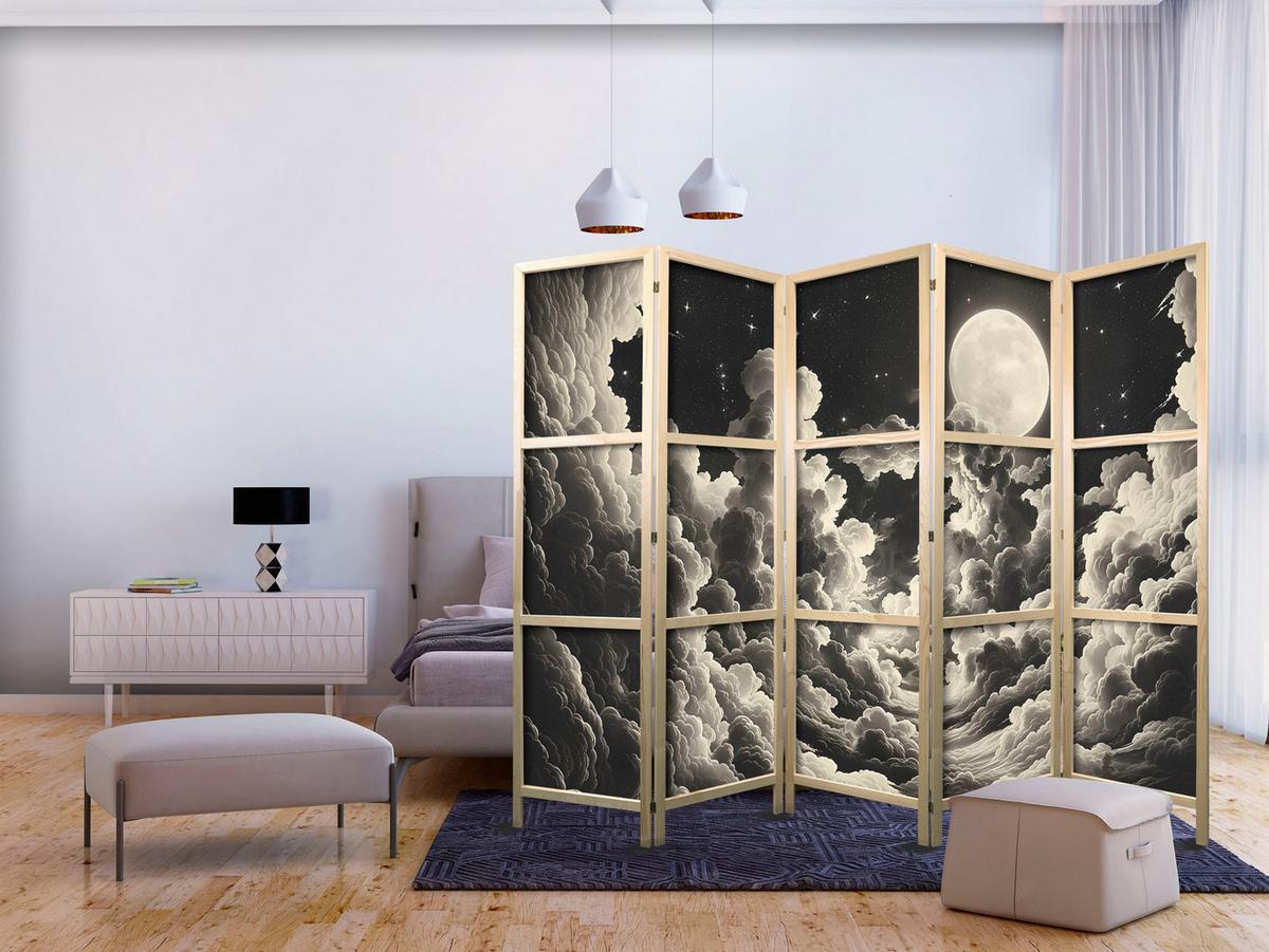 PARAVENT Japanischer 5-tlg 225x172 cm Wolken Mond - Schwarz, Holz/Textil (225/172/3cm) - Muralo