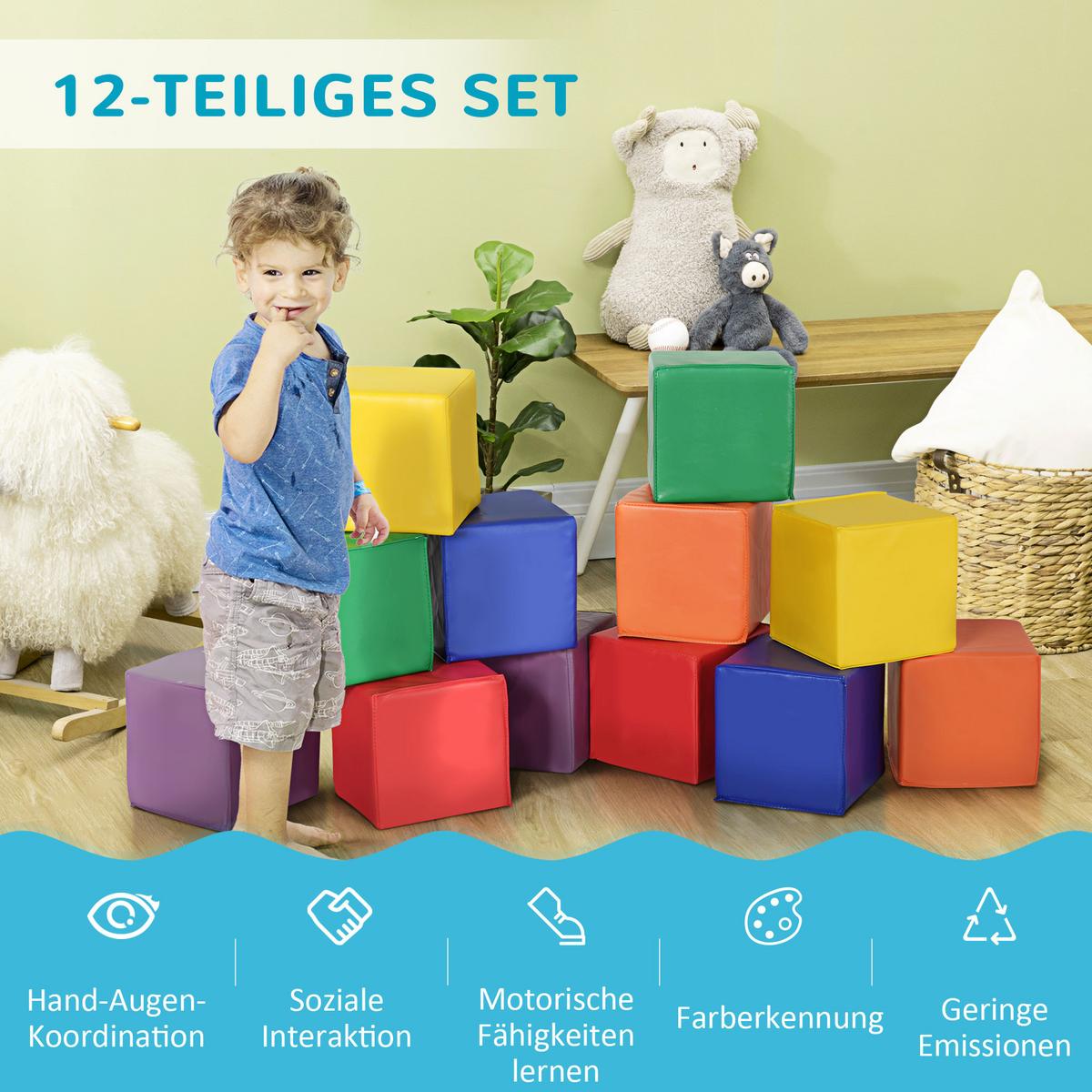BAUSTEINSET 12er-Set Schaumstoff Bauspielzeug für 1-3 Jahre alt Kinder EPE - Rot/Multicolor, Kunststoff (20/20/20cm) - HOMCOM