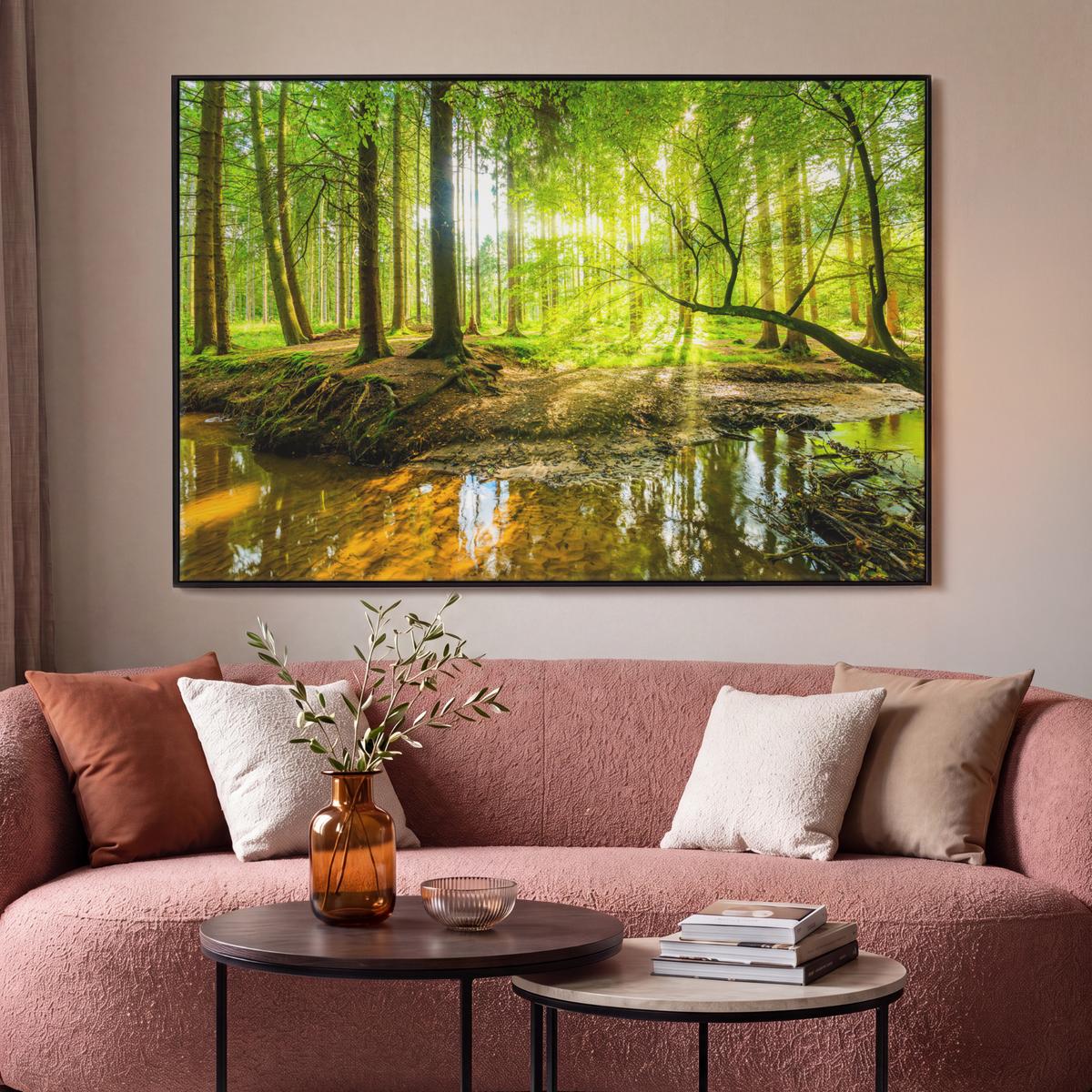 LEINWAND Bilder mit Rahmen - Wald - Landschaft - Wasser - Bäume - Sonne - Grün - Natur - 140x90 - Grün, Textil (140/90cm) - MuchoWow