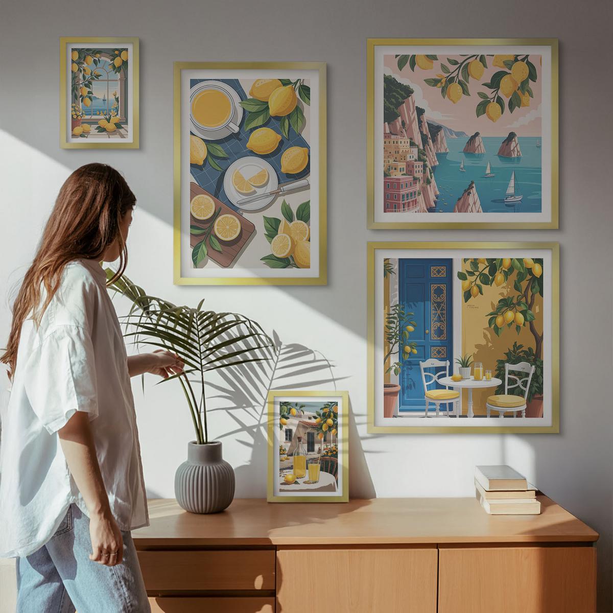 BILDER SET 5er Set - 50x50 cm & 20x30 cm & 40x60 cm Goldrahmen - Berge, rosa Himmel, Wasser, Sukkulente - Goldfarben, Kunststoff (40/60cm) - TULUP