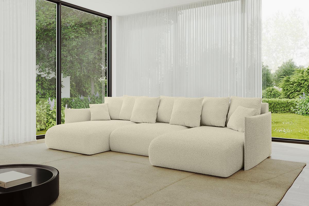WOHNLANDSCHAFT mit Schlaffunktion und Bettkasten ONESK-U 317x177x72 Beige Bouclé - Hellbraun/Creme, Holzwerkstoff/Kunststoff (317/72/177cm) - ALTDECOR