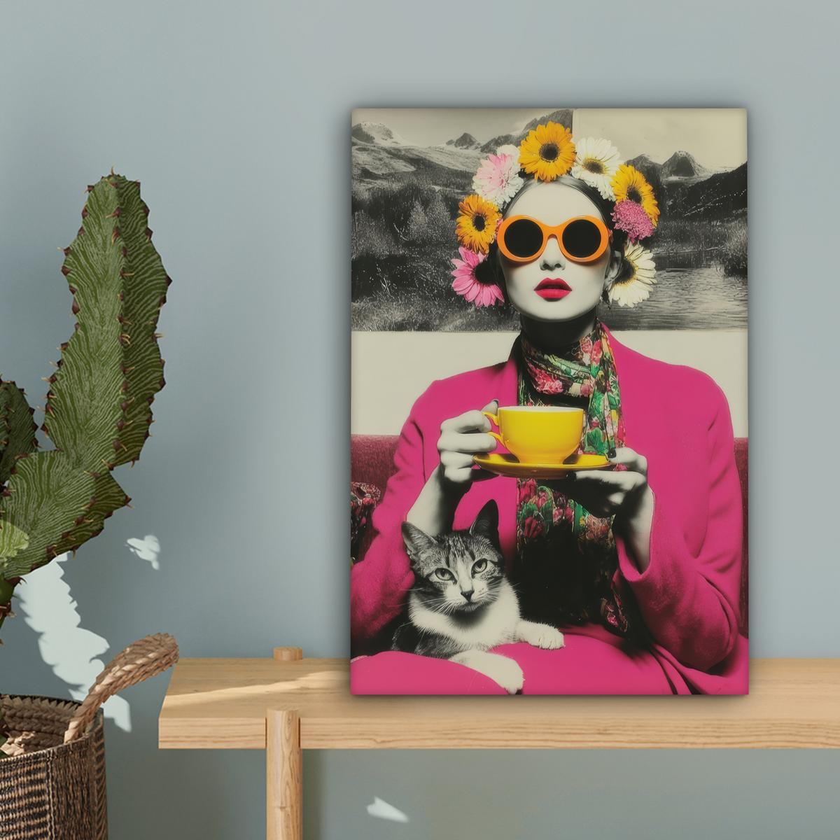 LEINWANDBILD Frau - Katze - Blumen - Tasse - Retro Deko Wohnzimmer 20x30 cm - Magenta, Textil (20/30cm) - MuchoWow
