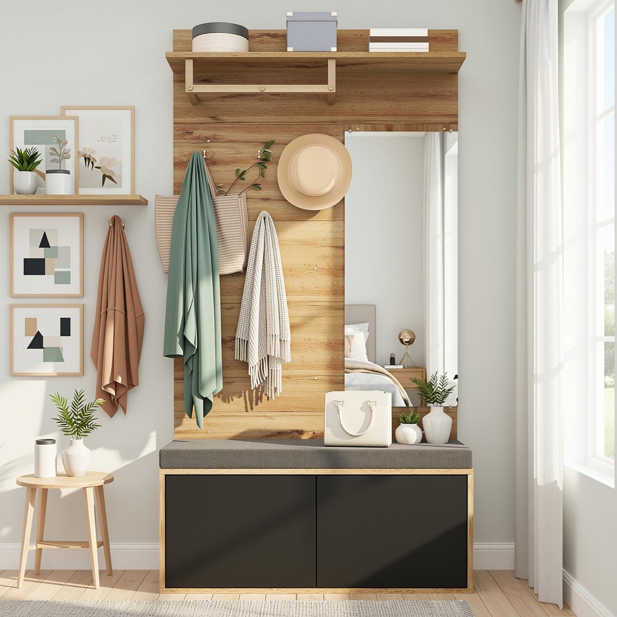 GARDEROBEN-SETS Flurgarderobe Holzoptik mit Spiegel & Sitzbank Kompaktgarderobe 100×190 cm - Sonoma Eiche, Holzwerkstoff (100/190/38cm) - Urban Meuble