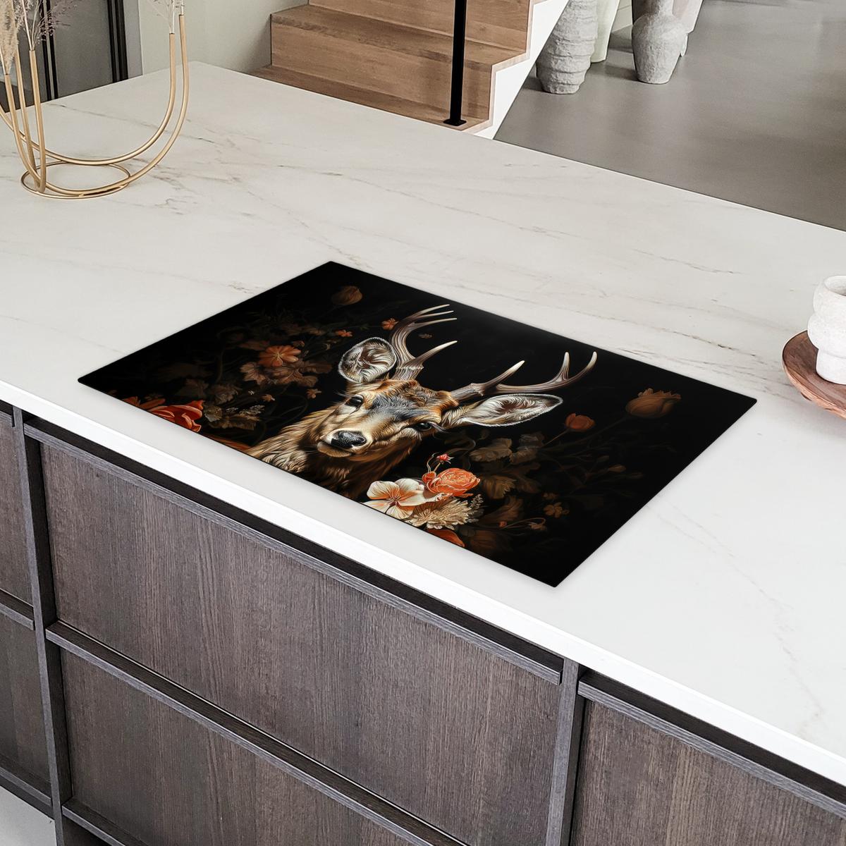HERDABDECKPLATTE Hirsch - Tier - Blumen - Natur - Botanisch Induktionsmatte 83x51 cm - Kupferfarben, Kunststoff (83/51.5/0.2cm) - MuchoWow