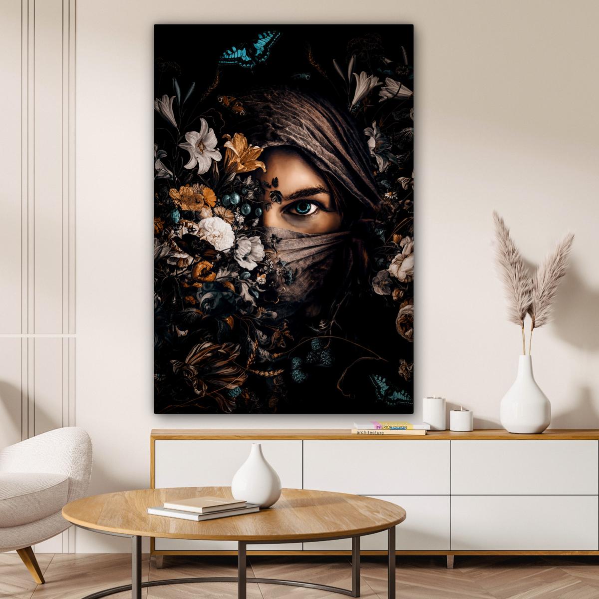 LEINWANDBILD Frau - Luxus - Blumen - Schmetterling - Porträt Deko XXL 80x120 cm - Schwarz, Textil (80/120cm) - MuchoWow