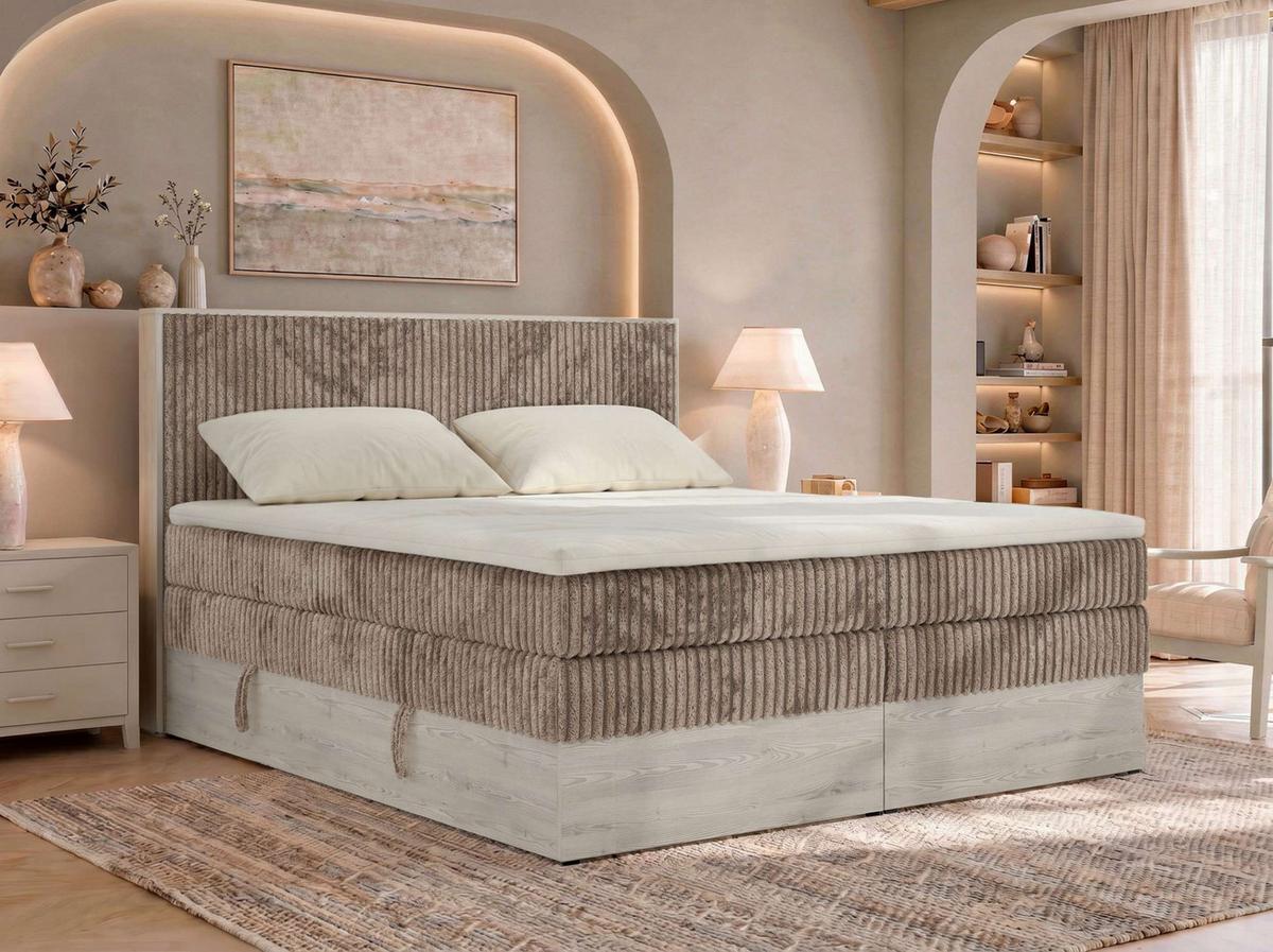 BOXSPRINGBETT NORDIC KING 160/200 - Braun Cord - Topper Visco - H3 - Schwarz/Braun, Kunststoff/Textil (160/200cm) - MKS