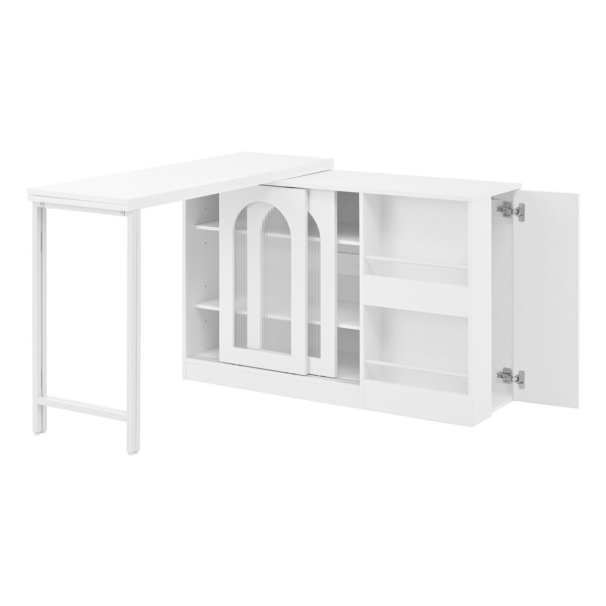 STEHTISCH Weiß Holzoptik|Ausziehbar|360° Drehbar mit Stauraum - Weiß, Holzwerkstoff/Metall (40/121/77cm) - Urban Meuble
