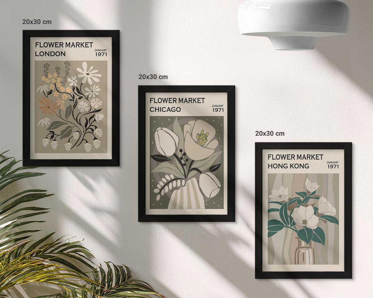 BILDER SET 3er Set - 20x30 cm Schwarzer Rahmen - Blumenmessen London Chicago Hongkong - Schwarz, Kunststoff (20/30cm) - TULUP