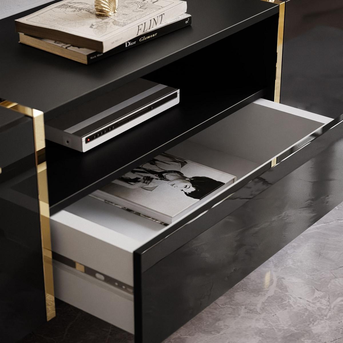 TV-ELEMENT ONYX AUF GOLDENEN BEINEN HOCHGLANZ 158 CM PUSH OPEN - Schwarz, Holzwerkstoff (158/53/41.3cm) - Lookway