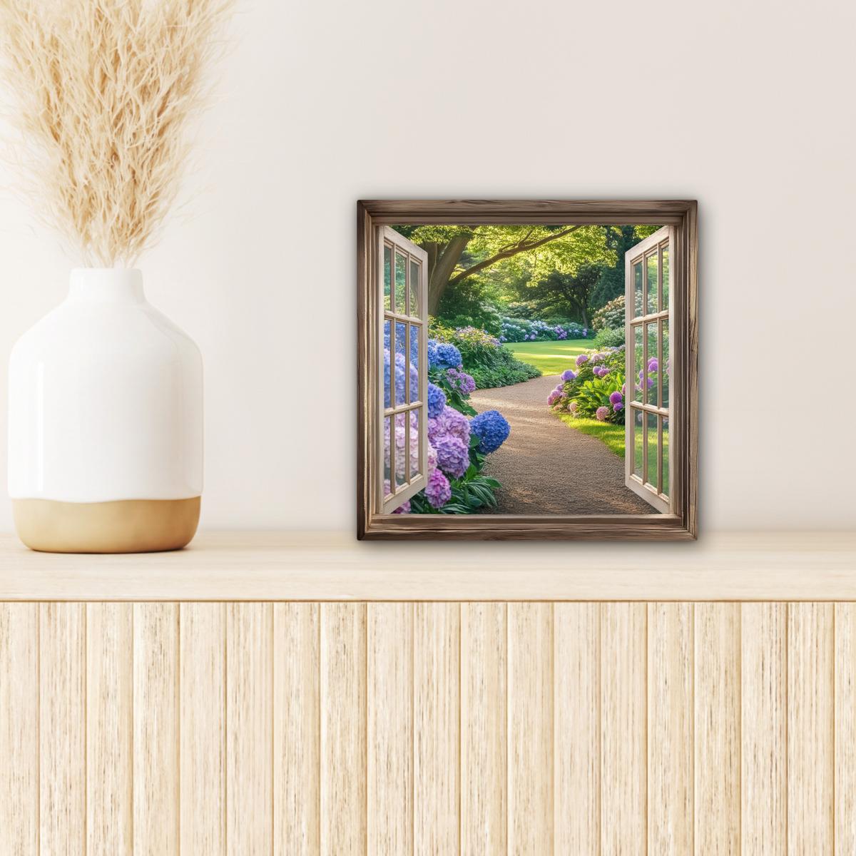 LEINWANDBILD Aussicht - Garten - Fenster - Hortensie - Blumen Deko Wohnzimmer 20x20 cm - Pastellblau, Textil (20/20cm) - MuchoWow