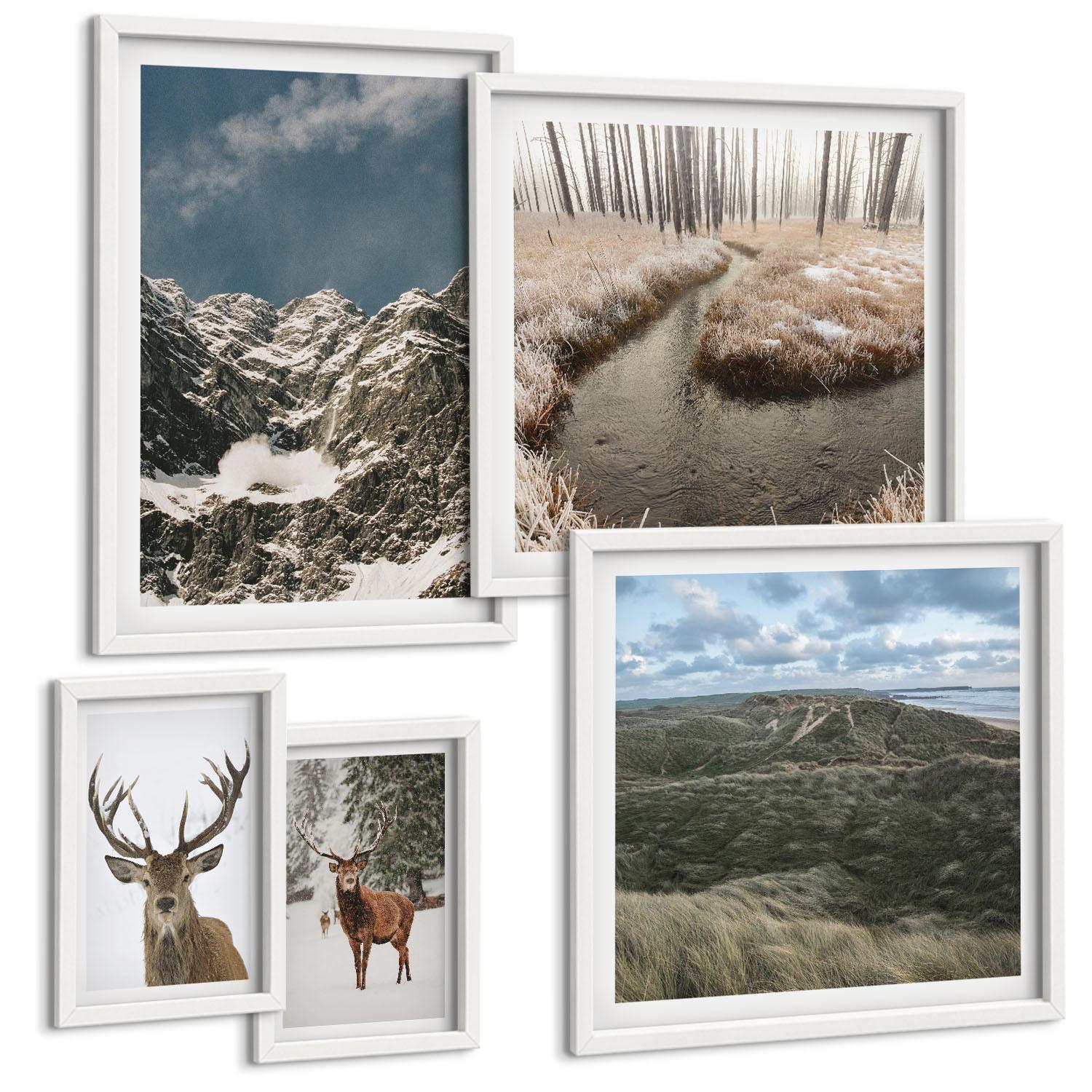 BILDER SET 5er Set - 50x50 cm & 20x30 cm & 40x60 cm Weißer Rahmen - Berge, Schnee, Hirsche, Waldlandschaft - Weiß, Kunststoff (40/60cm) - TULUP