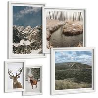 BILDER SET 5er Set - 50x50 cm & 20x30 cm & 40x60 cm Weißer Rahmen - Berge, Schnee, Hirsche, Waldlandschaft - Weiß, Kunststoff (40/60cm) - TULUP