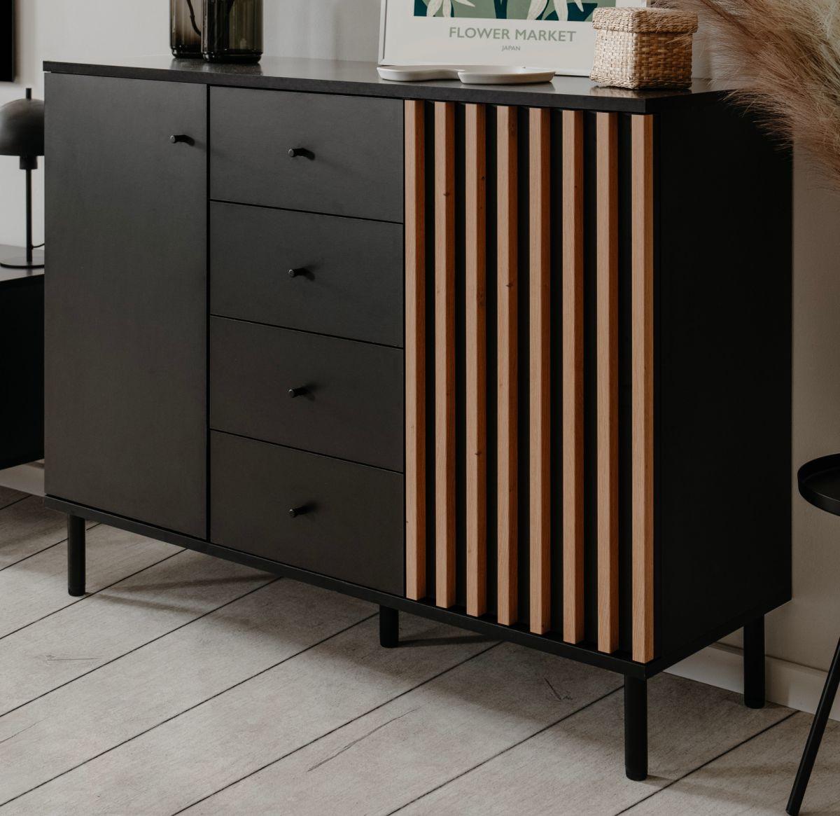 KOMMODE schwarz, Eiche Artisan 118, Sideboard mit viel Stauraum - Schwarz/Eiche Artisan, Holzwerkstoff/Metall (118/90/40cm) - Furn.Design
