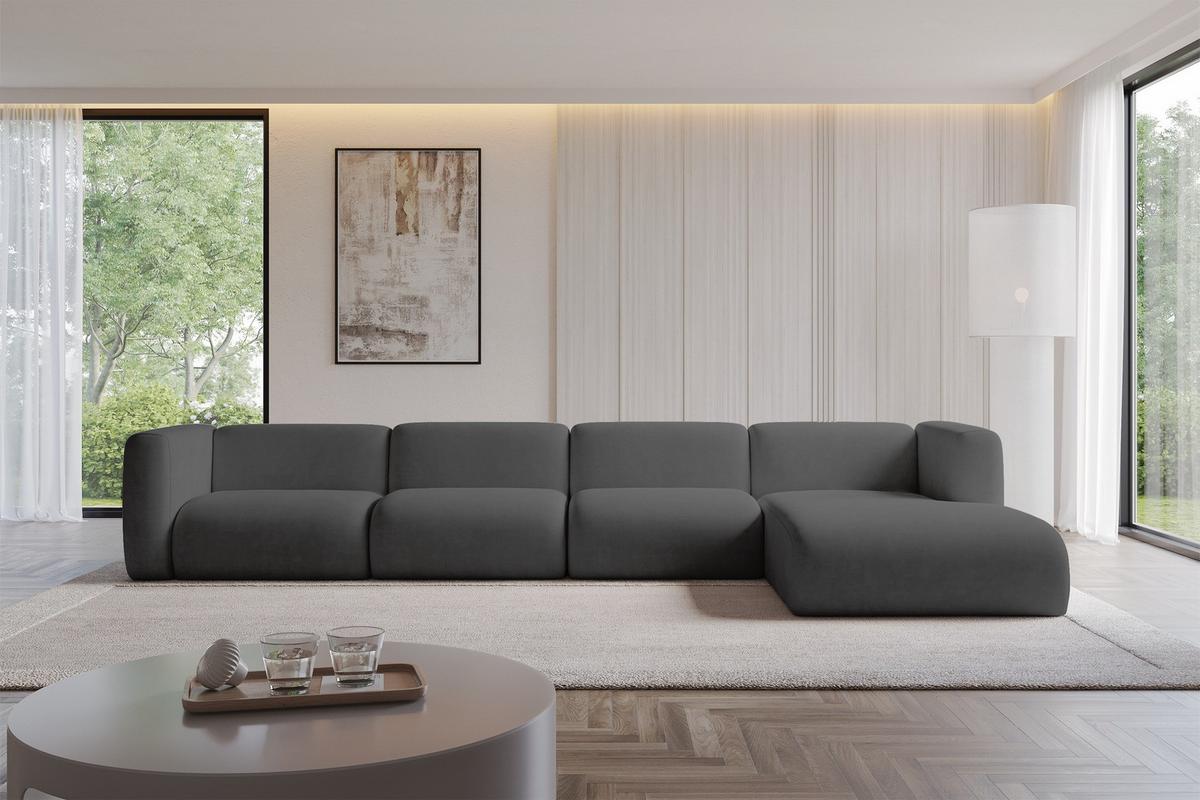 ECKSOFA Ottomane Rechts MIRA-L3 409x179x70 Dunkelgrau Velours - Dunkelgrau/Schwarz, Holzwerkstoff/Kunststoff (409/179cm) - ALTDECOR