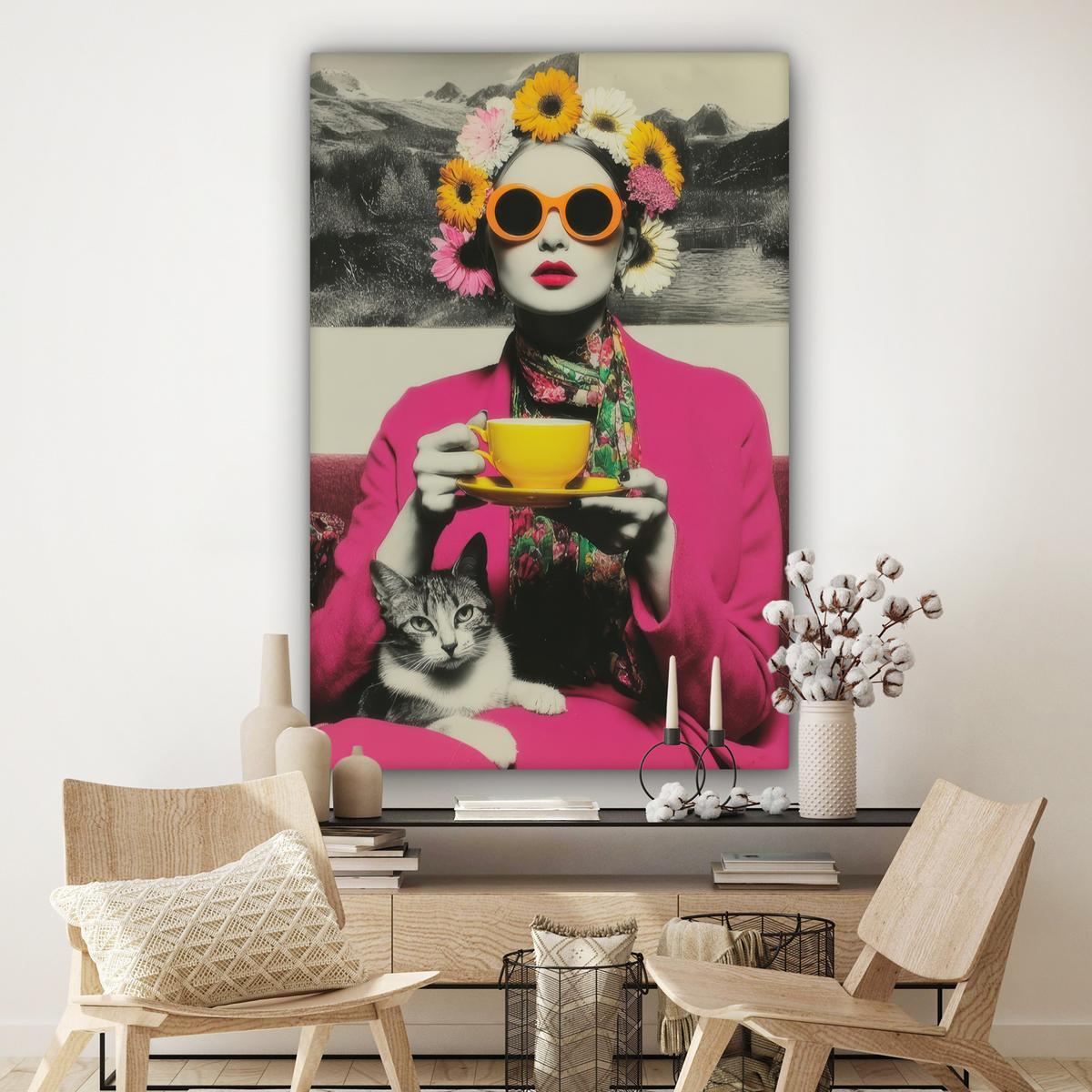 LEINWANDBILD Frau - Katze - Blumen - Tasse - Retro Deko Groß 90x140 cm - Magenta, Textil (90/140cm) - MuchoWow