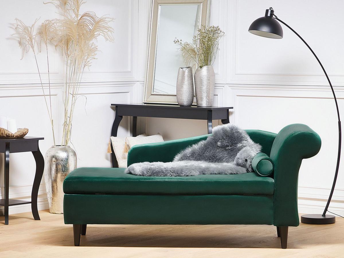 CHAISELONGUE Samtstoff smaragdgrün rechtsseitig Luiro - Schwarz/Grün, Textil (160/77/70cm) - Beliani