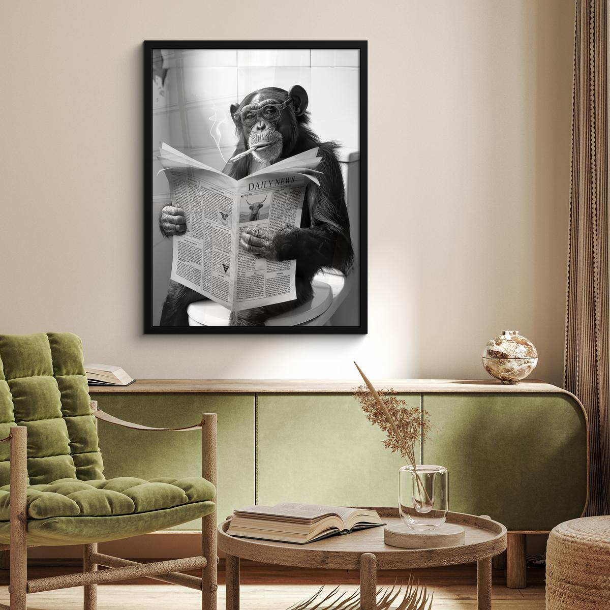 POSTER MIT RAHMEN Affe - WC - Zeitung - Schwarz-Weiß - Humor Posterleiste 60x80 cm - Hellgrau, Papier (60/80cm) - MuchoWow