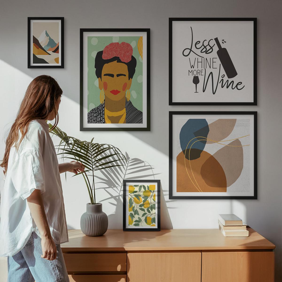BILDER SET 5er Set - 50x50 cm & 20x30 cm & 40x60 cm Schwarzer Rahmen - Zitronenweinporträt von Frida - Schwarz, Kunststoff (40/60cm) - TULUP