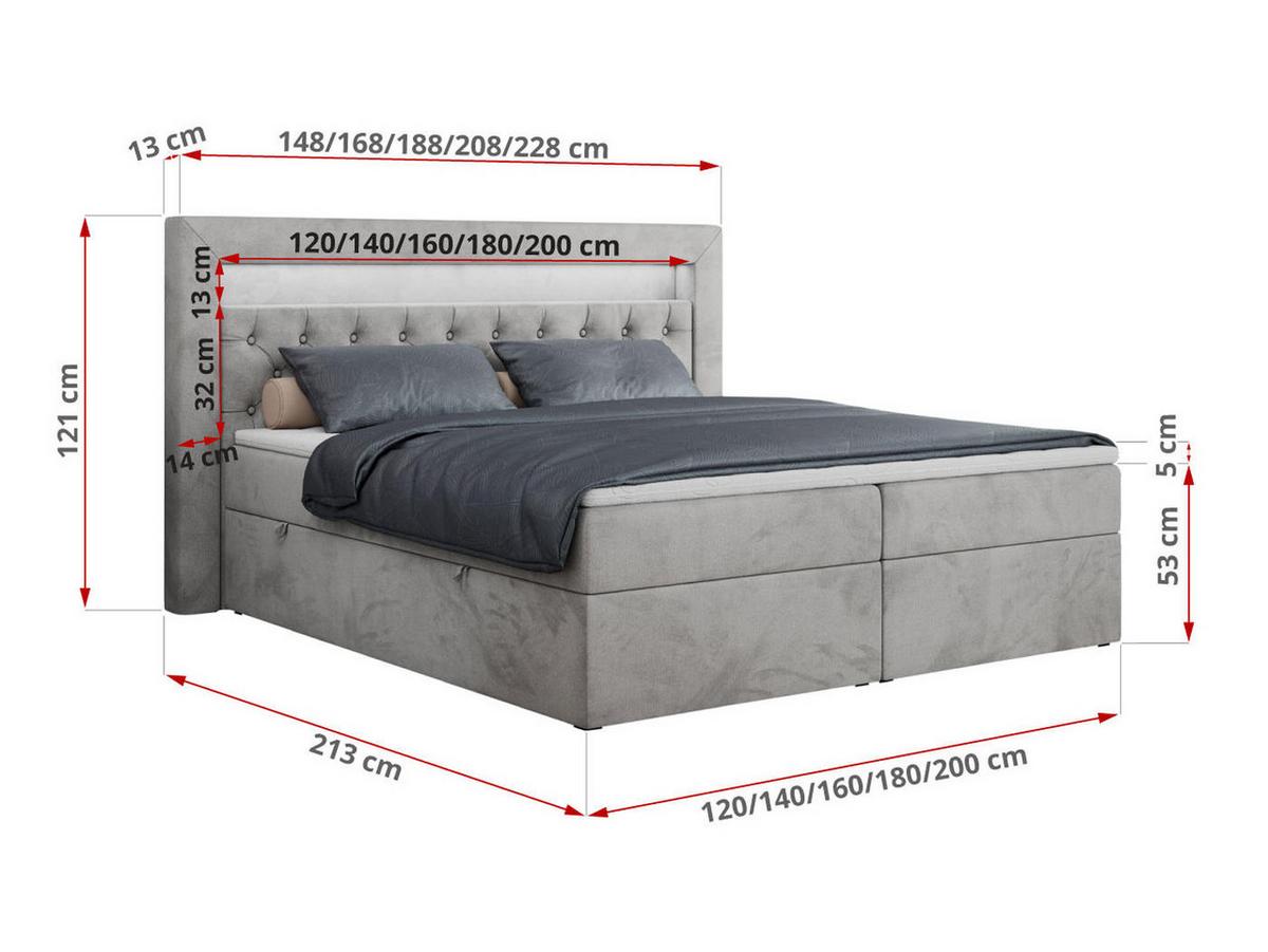 BOXBETT GOLD-6 LED 140/200 Hellgrau Velvet - H4 - Hellgrau, Holz/Textil (140/200cm) - MKS