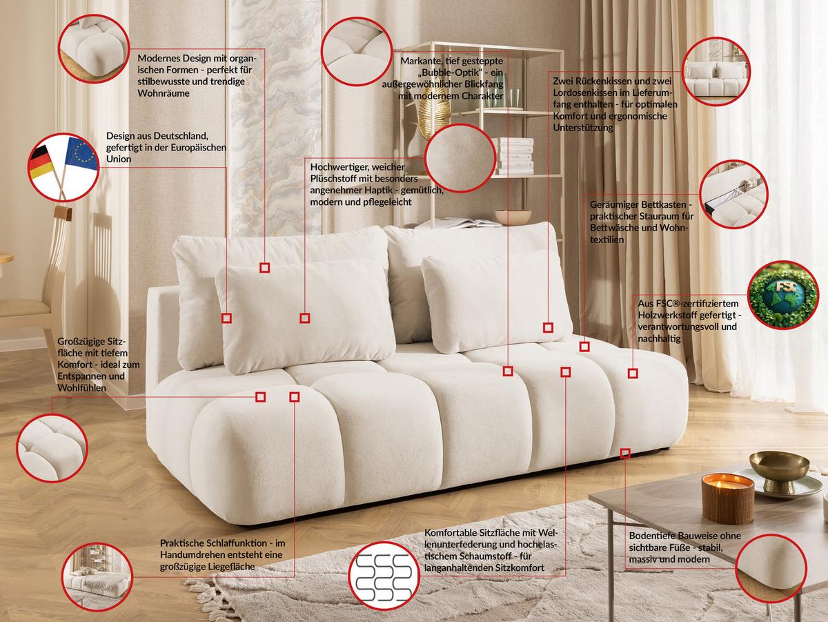 SCHLAFSOFA Belluno aus hochwertigem Beige Plüschstoff mit Bettkasten und tiefen Steppungen in Bubble-Optik - Beige/Schwarz, Holz/Kunststoff (205/87/105cm) - S-Style