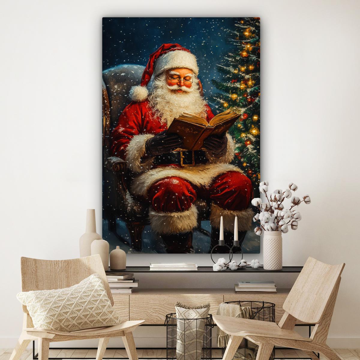 LEINWANDBILD Weihnachtsmann - Weihnachten - Winter - Weihnachtsbaum Deko Groß 90x140 cm - Bordeaux, Textil (90/140cm) - MuchoWow