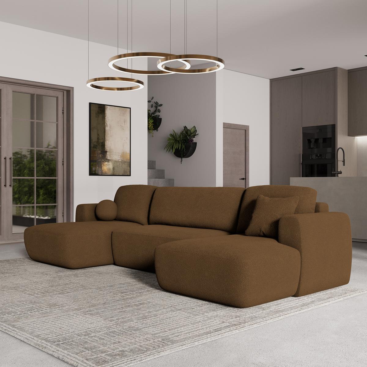 WOHNLANDSCHAFT SENTUM N Braun Boucle-Stoff mit Schlaffunktion - Schwarz/Braun, Holz/Kunststoff (330/90/148cm) - MASSENO