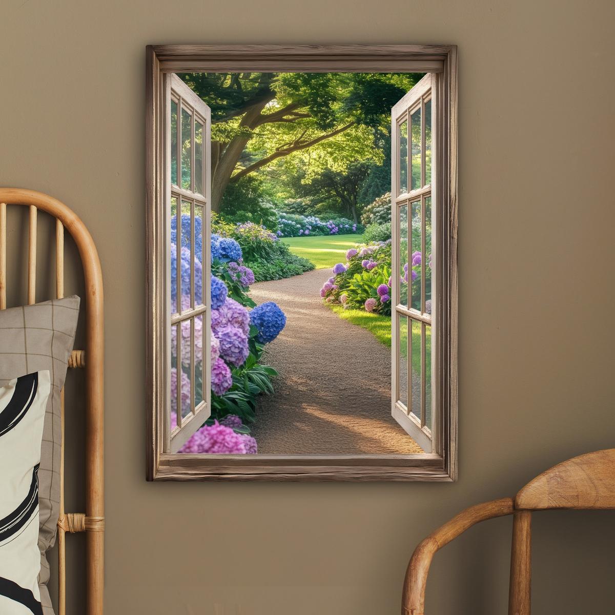 LEINWANDBILD Aussicht - Garten - Fenster - Hortensie - Blumen Wandbild Wohnzimmer 60x80 cm - Pastellblau, Textil (60/80cm) - MuchoWow