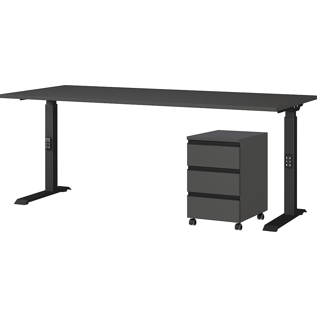 BÜROMÖBEL Set 2-teilig | Schreibtisch 180x80cm & Rollcontainer Graphit | Einstellbar 68-91 cm & Soft-Close - Schwarz, Holzwerkstoff/Metall (80/235/91cm) - KADIMA DESIGN