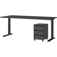 BÜROMÖBEL Set 2-teilig | Schreibtisch 180x80cm & Rollcontainer Graphit | Einstellbar 68-91 cm & Soft-Close - Schwarz, Holzwerkstoff/Metall (80/235/91cm) - KADIMA DESIGN