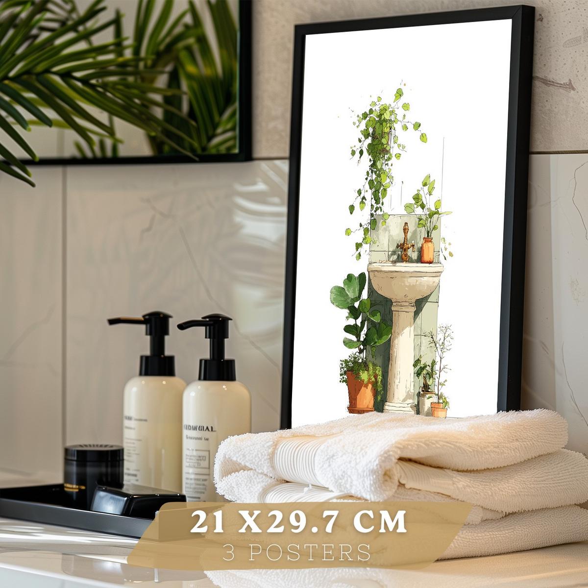 POSTER 3er-Set dekorative Badezimmerbilder, Wanddeko, im botanischen Stil, für Toilette, grüne Pflanzen Schwarzer Rahmen A4 - Schwarz, Papier (29.7/21/3cm) - Nacnic