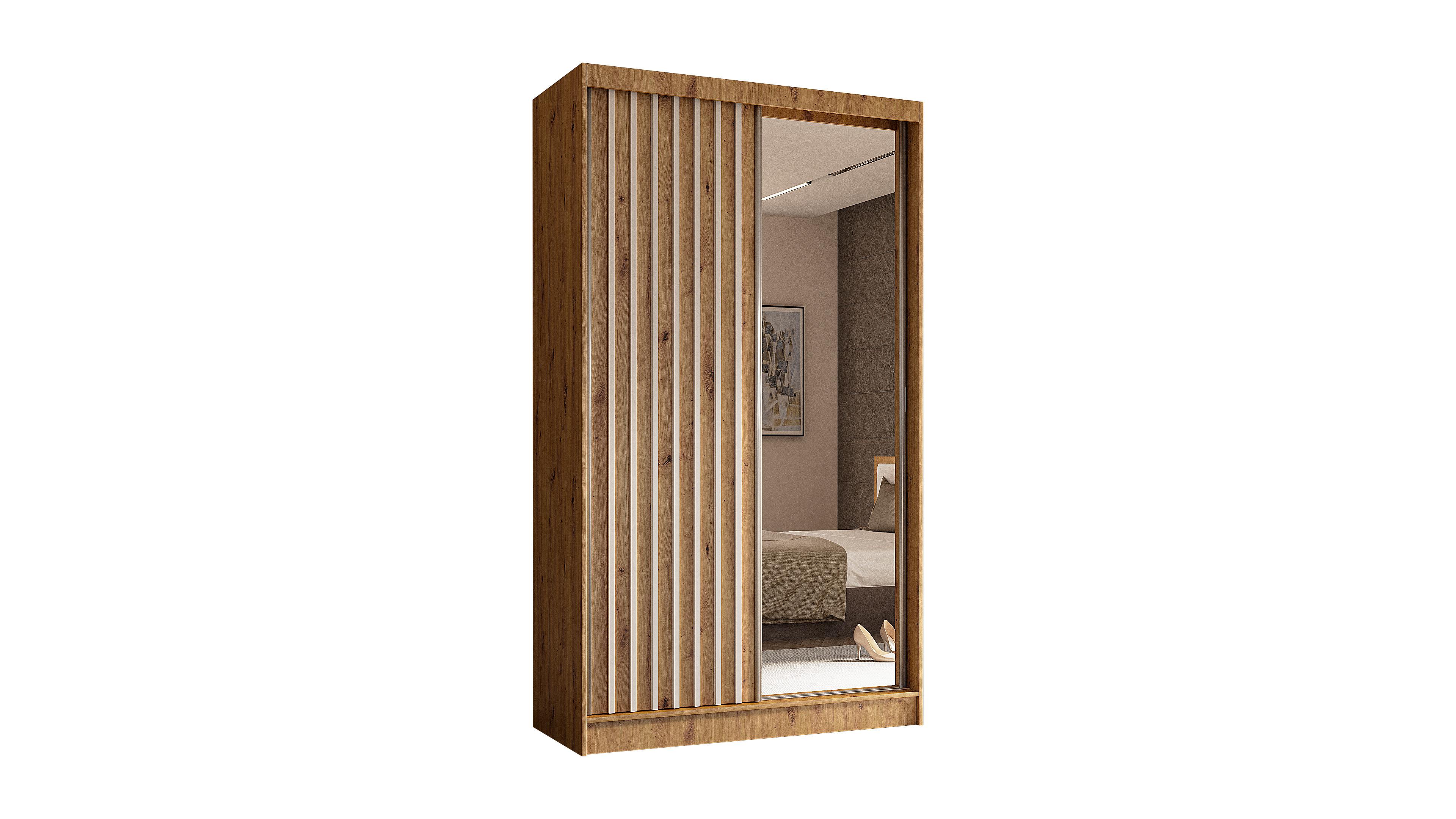 KLEIDERSCHRANK mit Spiegel-Schiebetüren und Aluminium-Leisten, LED-Beleuchtung - LAMELO - 120 cm Artisan+Artisan+Weiß - Eiche Artisan/Weiß, Holzwerkstoff (120/216/61cm) - ALTDECOR