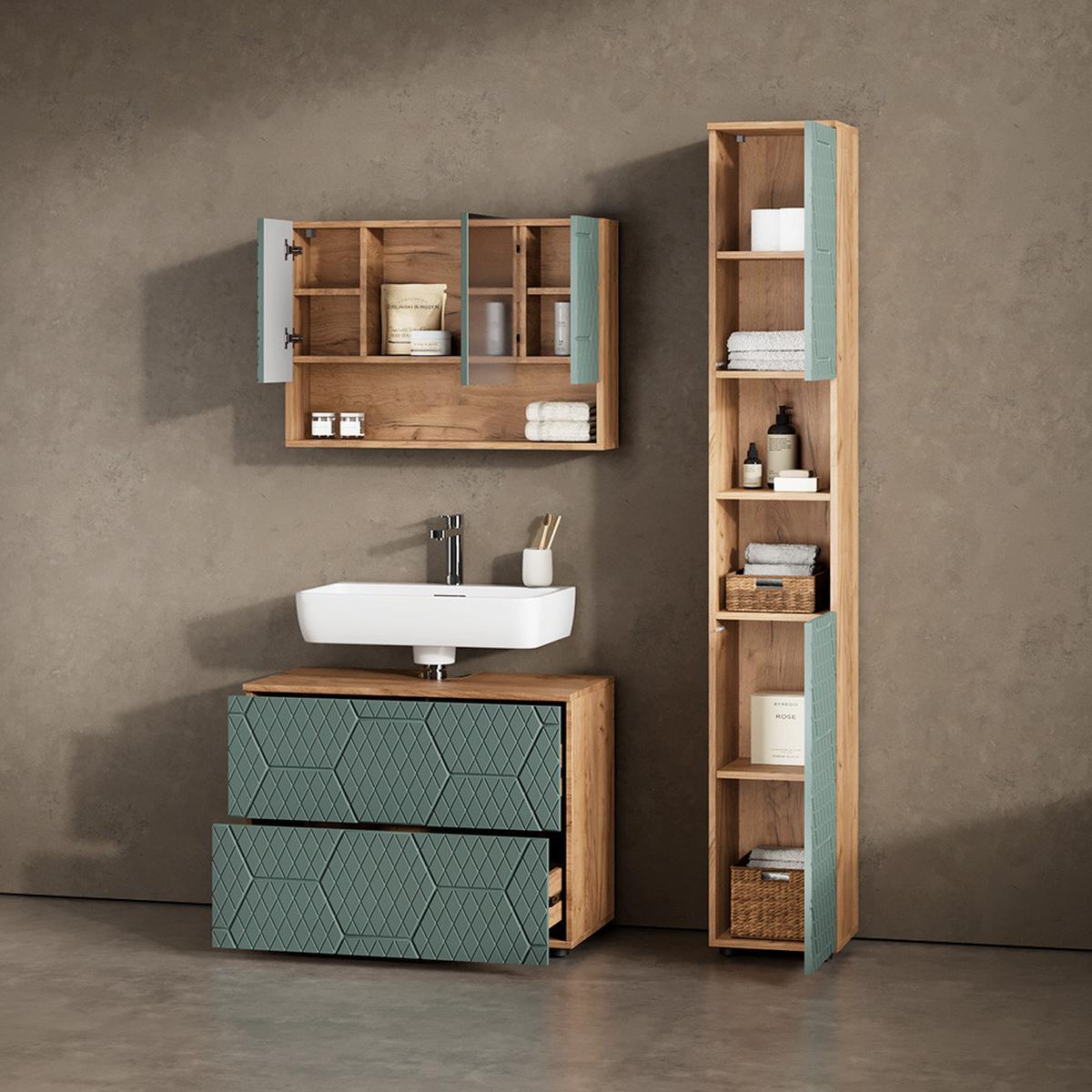 BADSPIEGELSCHRANK Ronco Grün/Goldkraft Eiche 80 x 55 cm - Honigeiche/Grün, Holzwerkstoff (80/55/17cm) - Livinity®