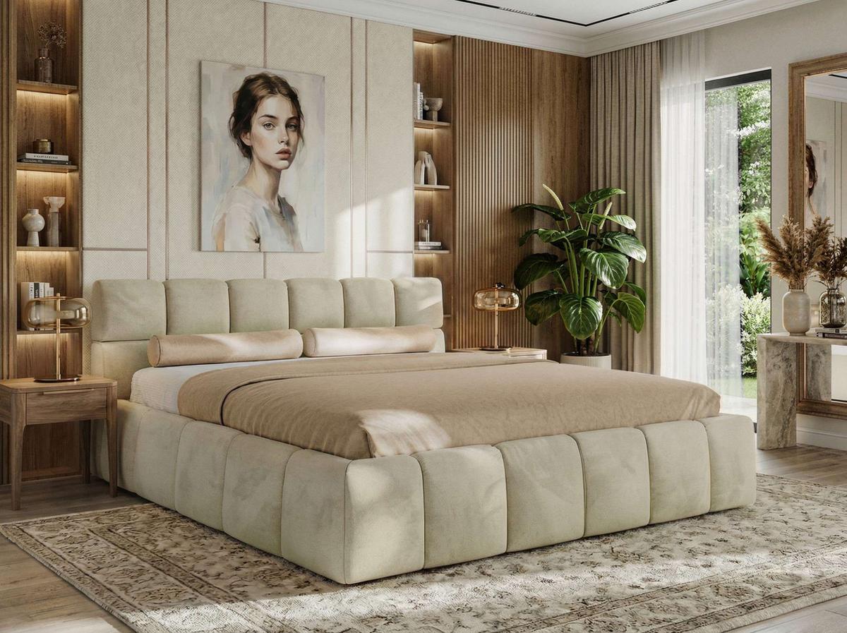 POLSTERBETT NIRA CLASSIC 140/200 - Beige Velvet - Multipocket-Matratze - Beige, Textil (140/200cm) - MKS