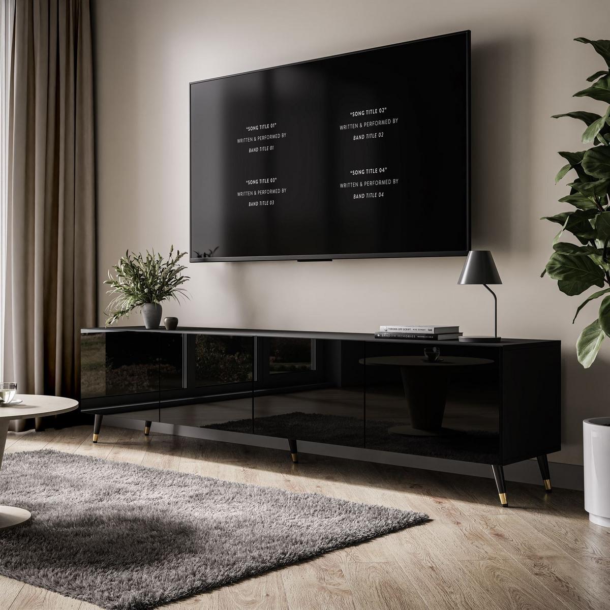 TV-ELEMENT AURA 200 Schwarz Hochglanz – Beinfarbe: Schwarz + Gold - Schwarz, Holzwerkstoff (200/48/40cm) - Lookway