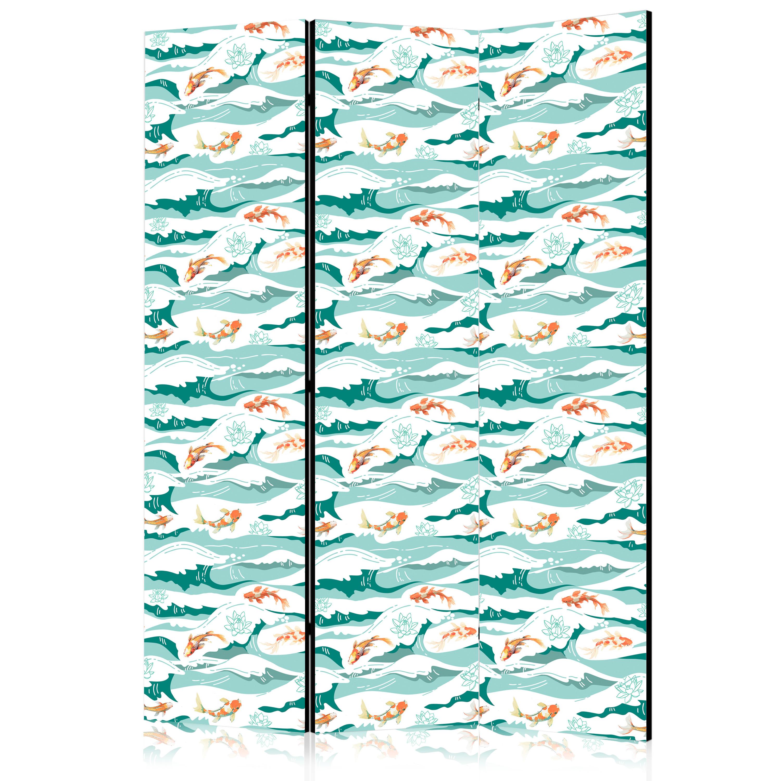 PARAVENT Einseitig Bedruckter 3-tlg 135x172 cm Koi Fische und Meereswellen - Multicolor, Holz/Textil (135/172/3cm) - Muralo