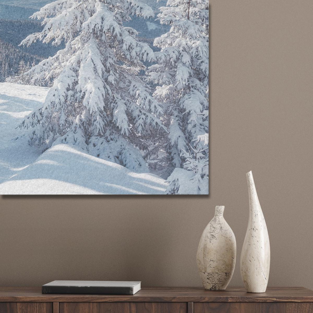 AKUSTIKBILD Winterlandschaft - Natur - Berge - Bäume - Schnee Gemälde 80x60 cm - Hellblau, Kunststoff (80/60/0.9cm) - MuchoWow