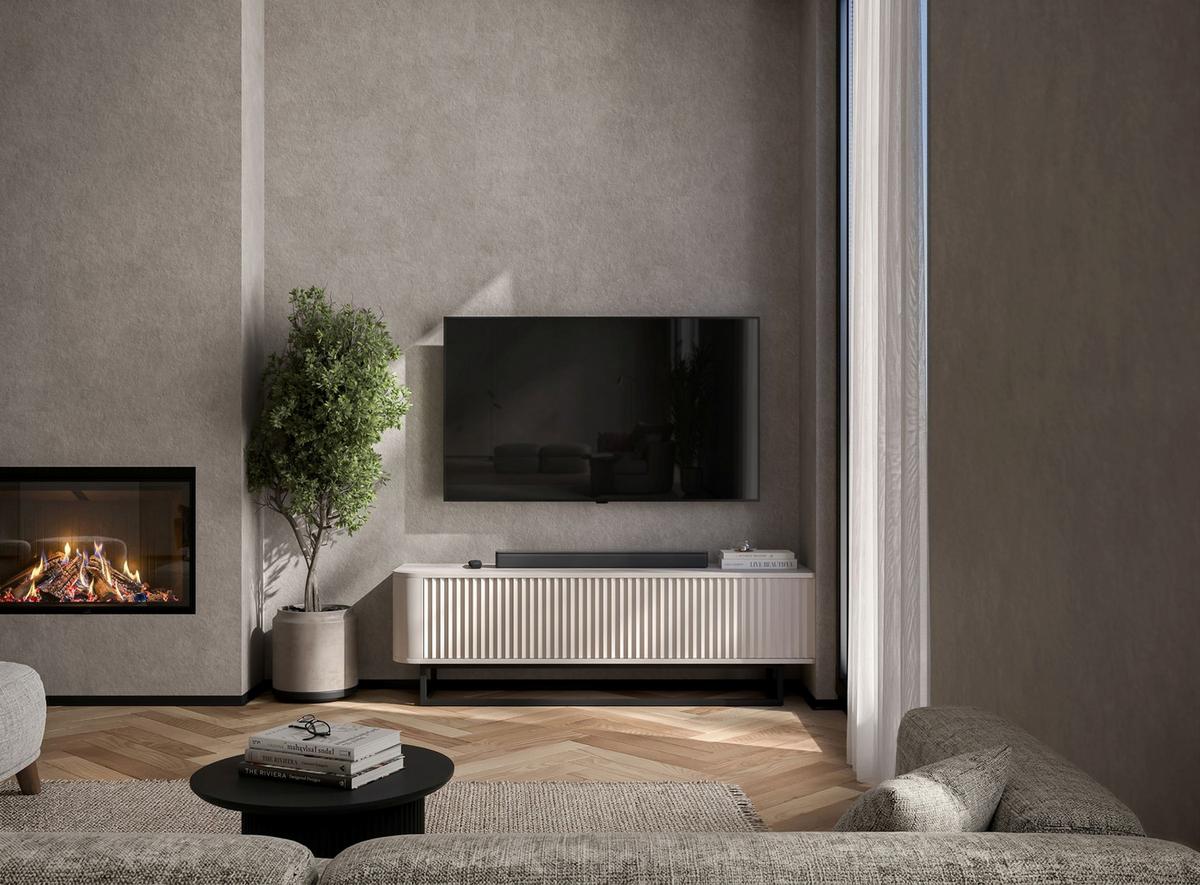 TV-LOWBOARD Aurora Kaschmir matt 140 cm mit Metallrahmen - Kaschmir/Schwarz, Holzwerkstoff/Metall (140/44/35cm) - Meble Lindner